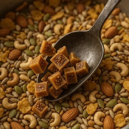 Dried fig pieces being mixed into a bulk snack blend