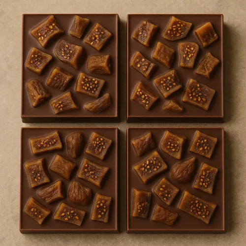 Chocolate bars with pieces of dried figs inside